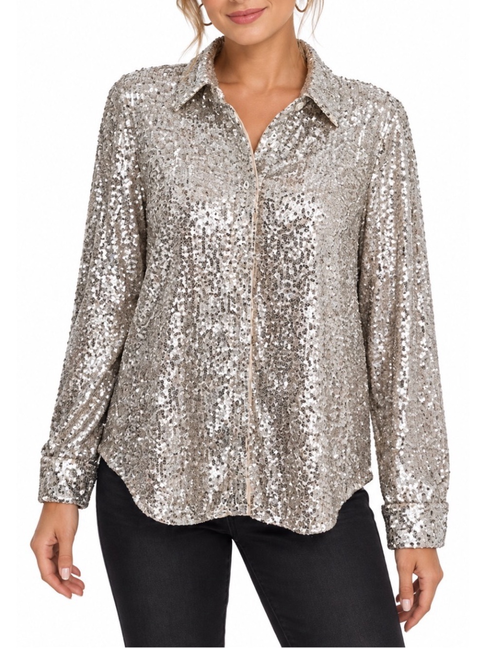 Cable & Gauge Champagne Sequin Button-Down Shirt, size Medium